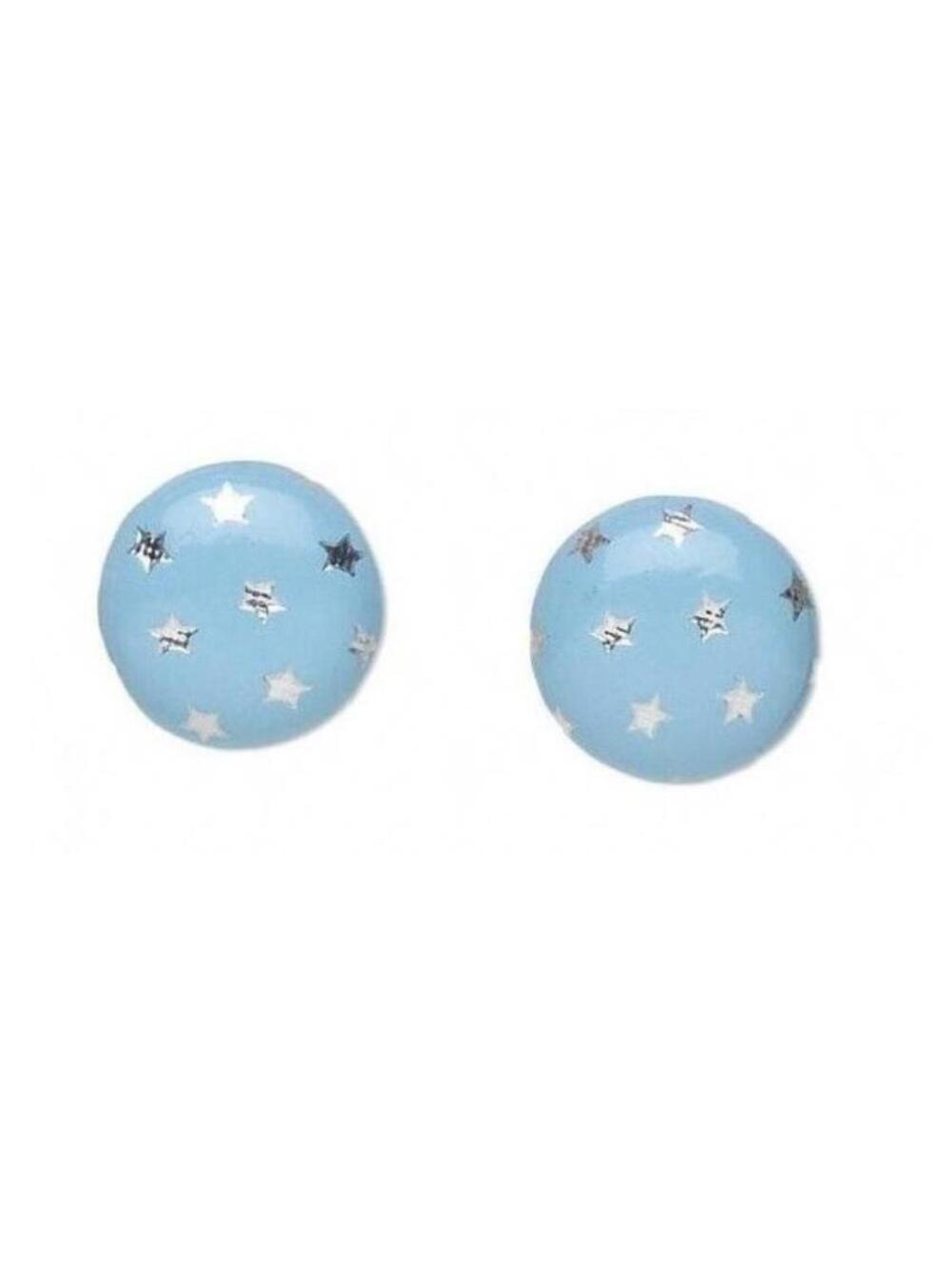 Vegan Faux Leather Round 15mm Button Post Earrings Blue w Silver Metallic Stars
